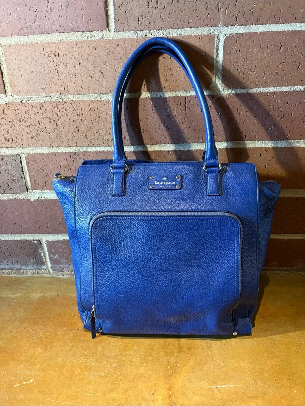kate spade Blue Pebbled Leather Tote with Front Zip Pocket
